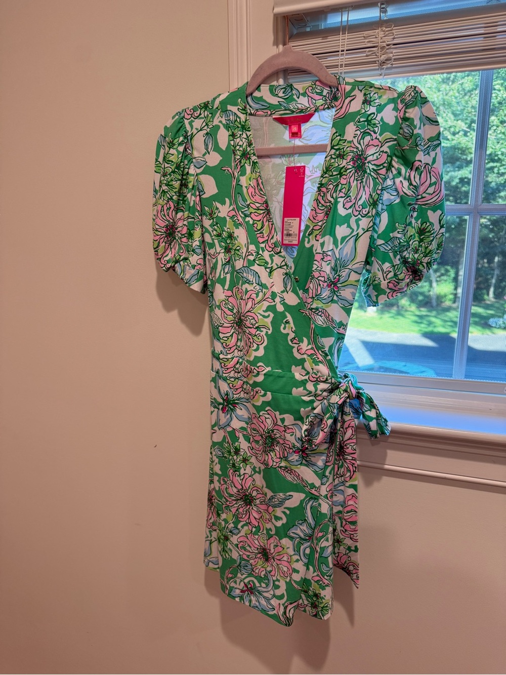 Lilly Pulitzer Green Floral Wrap Dress with Pink & White Blooms